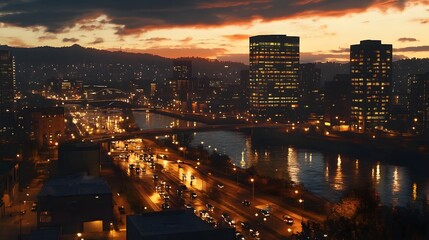 Obraz premium Night Cityscape with River and City Lights