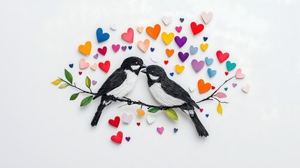 A delightful illustration of two lovebirds sharing a sweet moment on a leafy branch, enveloped in a flurry of colorful hearts that suggest a romantic celebration.