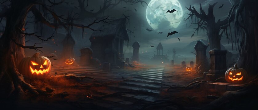 Halloween Night Background with Moon and Bats