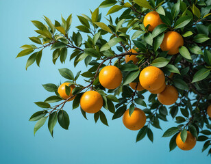 Orange tree with ripe oranges on a bright blue background
