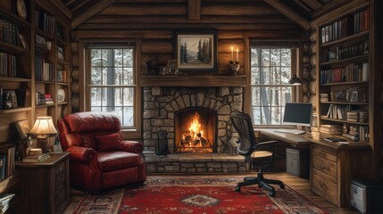 Cozy cabin study, fireplace warmth, winter view