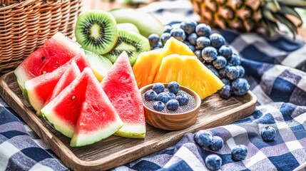 Vibrant fruit platter with watermelon, kiwi, pineapple, blueberries for summer party