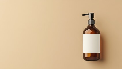A blank white label on an amber glass bottle with a pump for body wash or shampoo, set against a neutral beige background.