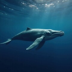 Fototapeta premium Large grey whale silhouette on dark blue ocean background, ocean, silhouette, water