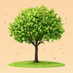 Fototapeta premium Enchanting Tree Illustration Displaying a Tranquil Scene with Gently Falling Leaves in a Serene Setting