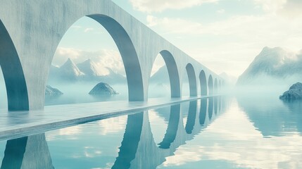 Fototapeta premium Arched passageway over still waters leading to misty mountain vista