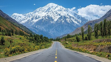 Naklejka premium Scenic view of a winding road leading towards majestic snow-capped mountains under a clear sky