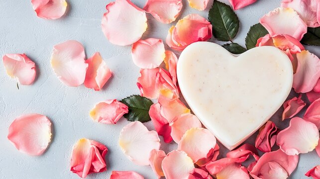 A luxurious heart-shaped soap captured in sharp detail, surrounded by fresh rose petals in various shades of pink, exuding a sense of pampering and elegance,