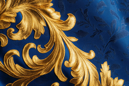 Close-up of French brocade, luxurious fabric with raised gold patterns on a rich, royal blue background.