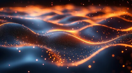 Obraz premium Glowing particles form abstract waves, dark blue and orange.