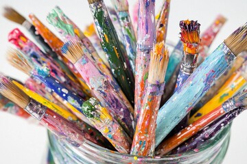 Obraz premium Colorful paintbrushes arranged in a jar showcasing vibrant hues and artistic tools used for creative projects