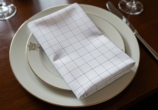 Folded Fabric Napkin on Dish Mockup