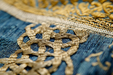 Close-up of handwoven Persian silk texture, intricate knot work with metallic gold accents.