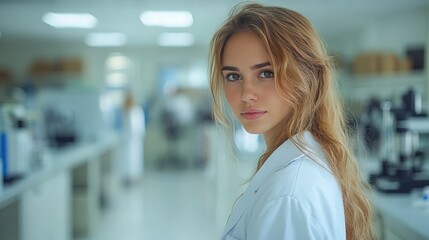Fototapeta premium Young scientist lab coat blonde hair pensive gaze