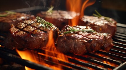Grilled Beef Steaks on Barbecue in Garden