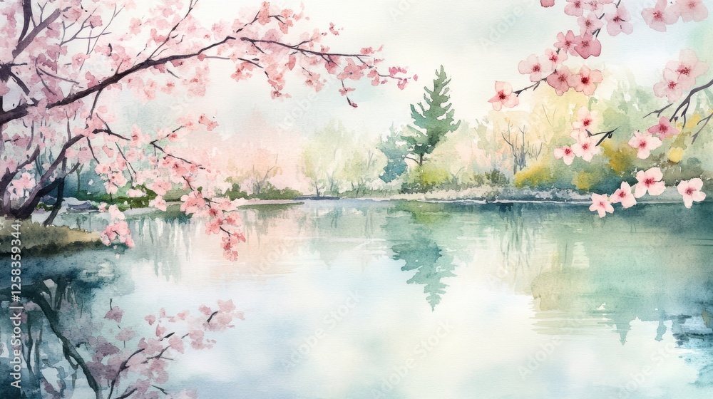 Poster serene spring landscape with cherry blossoms and calm water reflection in a tranquil setting. genera