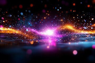 Obraz premium Futuristic 3D visualization of quantum logic gates in a quantum circuit, with glowing data particles moving dynamically through high-energy computational pathways