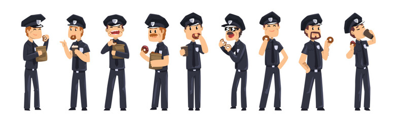 Man Police Officer in Uniform Eat Donut and Drink Coffee Vector Set