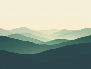 Hazy Emerald Green Mountain Range Rolling Hills Layered Topography Calm Serene Minimalist