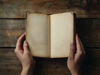 Holding an Antique Book Open to Blank Pages for Writing on Wood Backdrop in Natural Light