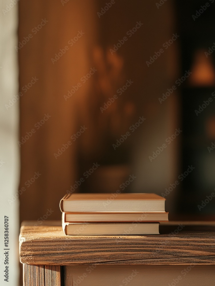 Aufkleber Rustic wooden shelf displaying a stack of blank books with ample space for personalized text or decoration. Generative AI