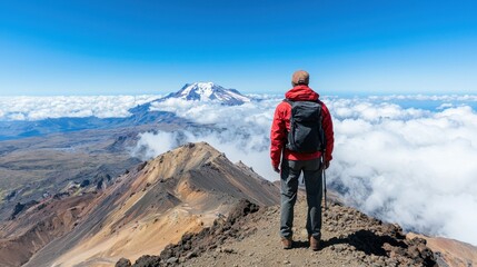 Fototapeta premium Adventurous Hiker Standing on Mountain Top Overlooking Clouds