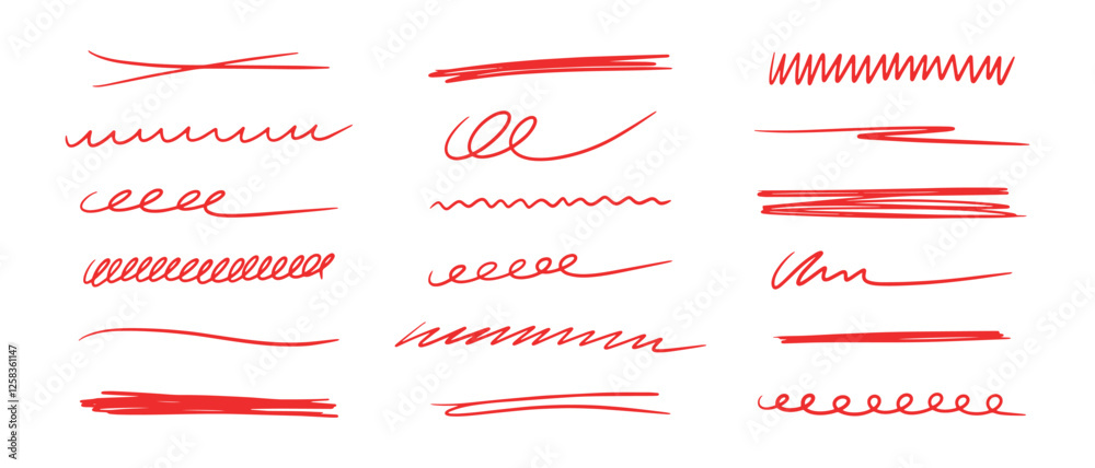 Poster Vector set of hand-drawn doodle brush elements. Colored line sketches, underlines, marker strokes and emphasis for design.