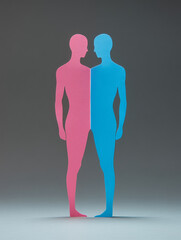 Pink and blue human silhouettes facing each other.