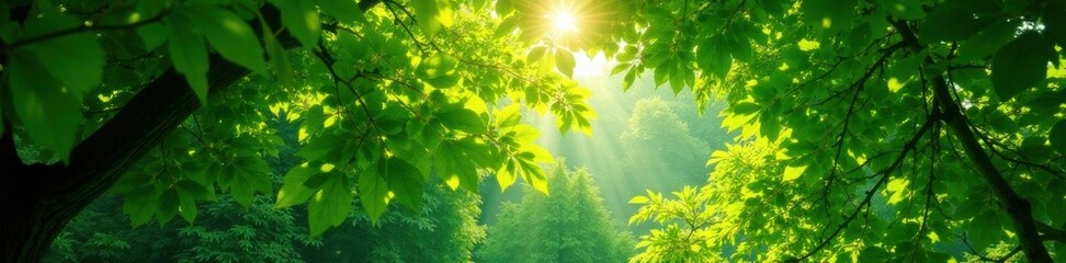 Fototapeta premium Lush green foliage with sunlight filtering through canopy , dense foliage, greenery