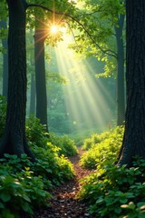 Lush forest with sunlight filtering through trees, foliage, landscape, outdoors