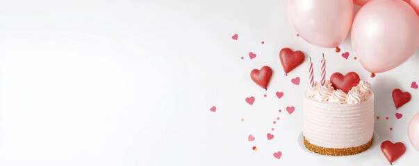 A birthday-themed background with heart-shaped confetti, pastel balloons, and a soft pink frosted cake