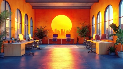 Sunset-lit office, modern workspace, urban view.