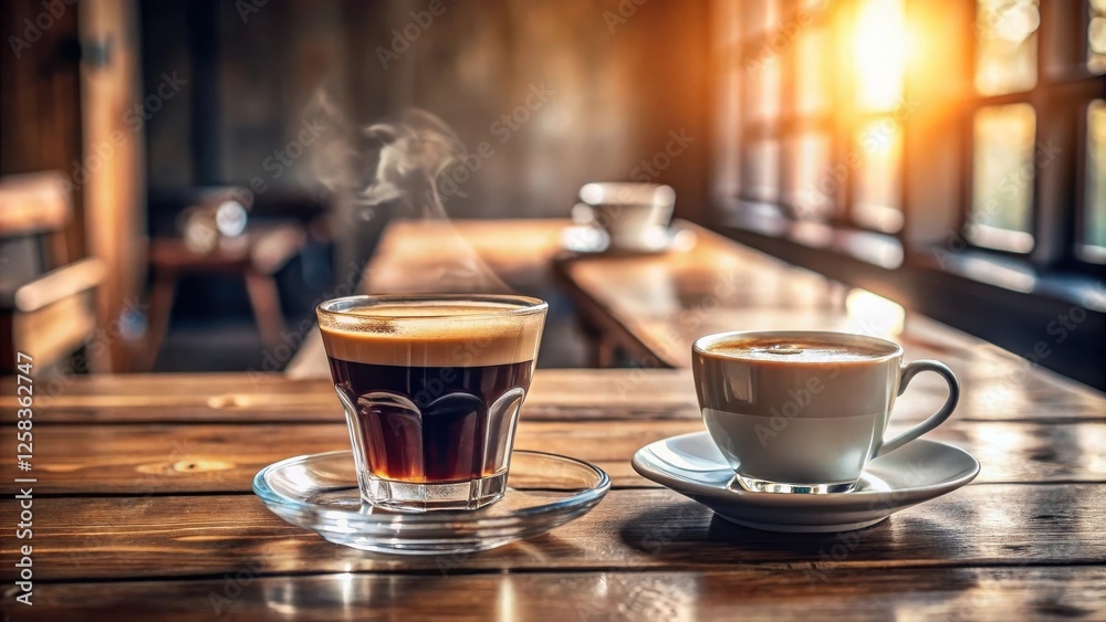 Poster two steaming cups of coffee on a wooden table, bathed in warm sunlight filtering through a window
