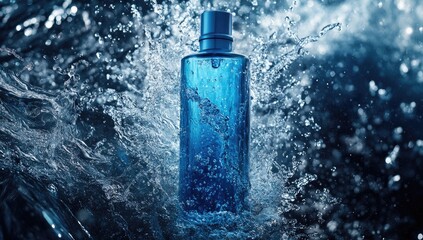 A bottle of blue skincare product surrounded by water splashes, with a solid color background.