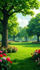 lush green park with deciduous trees and flowers, vegetation, tree branches