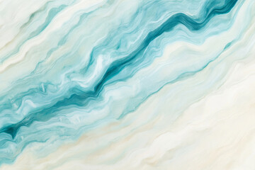 Fototapeta premium Abstract aerial view of ocean waves blending into a sandy beach, with soft gradients of turquoise and white creating a calming, peaceful background.