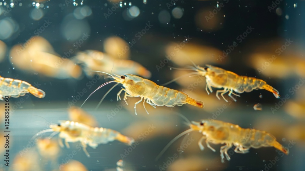 Poster numerous small shrimp swim in clear water within an aquarium, creating a lively and colorful display