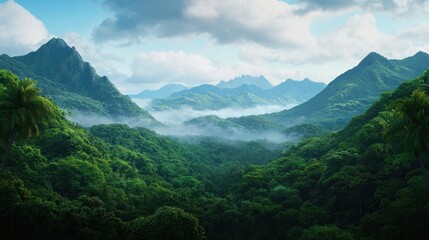 Naklejka premium Lush Green Mountain Landscape with Mist and Cloudy Sky Above