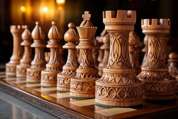 Intricate wooden chess pieces arranged on a board in a warm, inviting setting