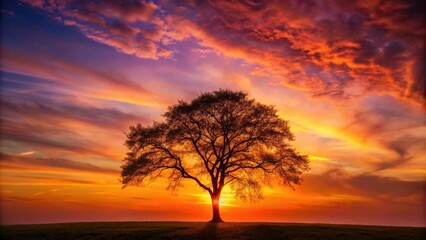 Obraz premium Serene Sunset Silhouette A solitary tree stands tall against a vibrant, fiery sky at dusk.