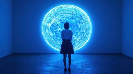 Obraz premium Woman Observing Blue Light Sphere in Dark Modern Art Gallery