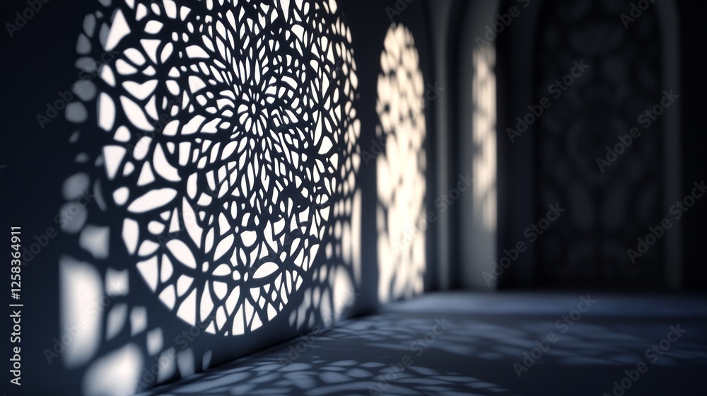 Poster Soft, filtered light dances across a textured surface, creating mesmerizing patterns from elegant arabesque designs. The atmosphere evokes tranquility and artistic inspiration