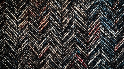 Herringbone Tweed Fabric Texture Background. Dark Brown, Beige, Blue and Red Colors. Seamless Pattern. Retro Vintage Style