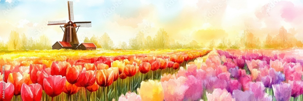 Poster Colorful watercolor illustration of tulip fields with a windmill, showcasing vibrant spring colors and open space for text. Generative AI