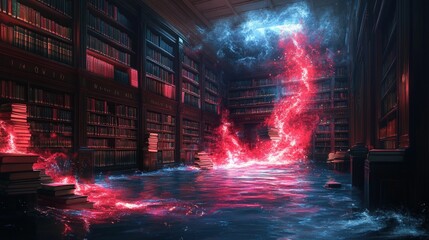 Red magic floods ancient library, books submerged.