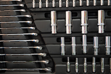 Different types of tools in a suitcase. Tools for repairs and activities. Close-up.