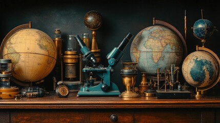 Antique globes microscopes adorn vintage study.