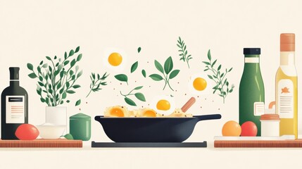 Colorful cooking scene with fresh ingredients.