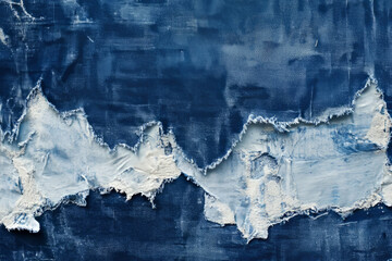 Naklejka premium Close-up of torn denim fabric texture, frayed edges and visible white cotton fibers contrasting deep blue.