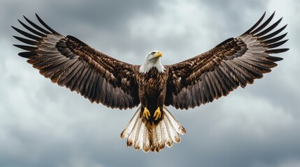 Naklejka premium Majestic Bald Eagle Spreading Wings Against Dramatic Cloudy Sky